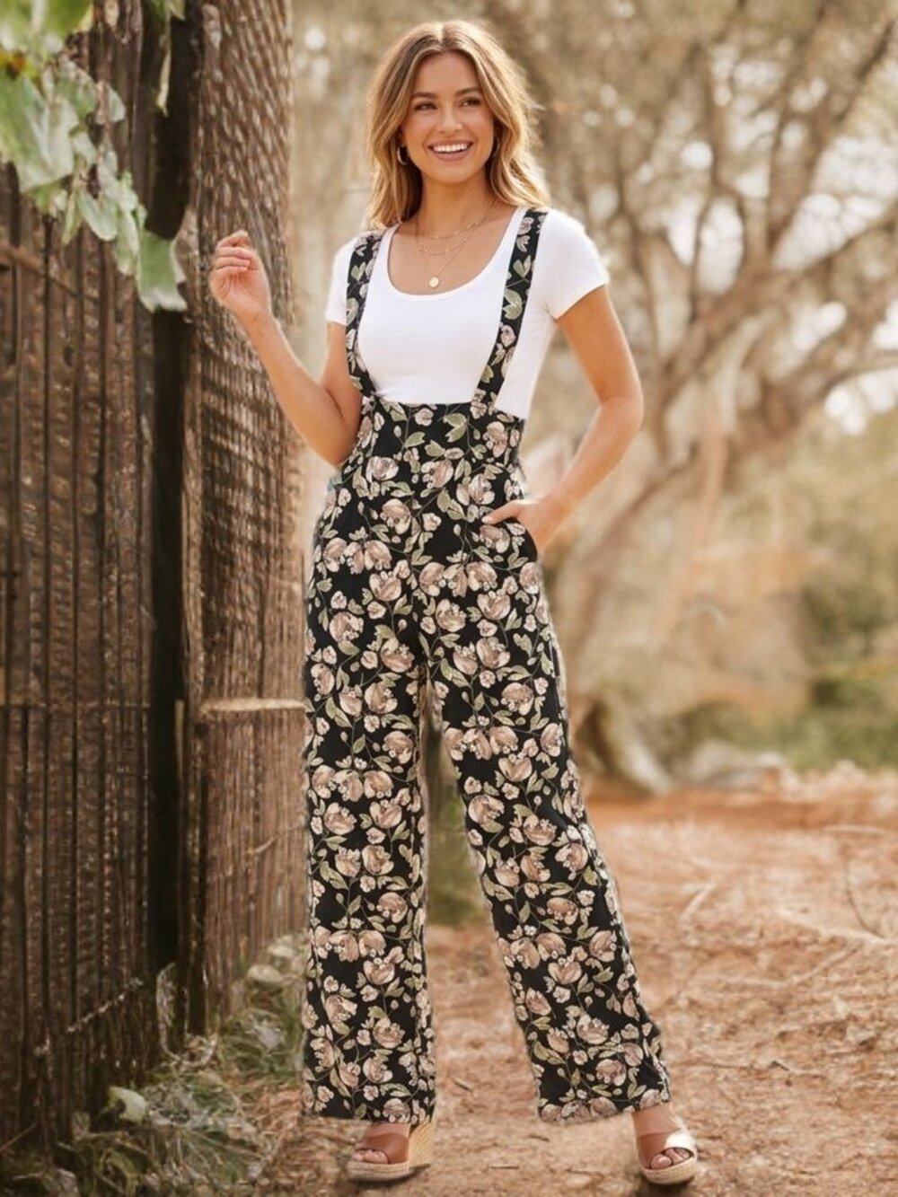 Unique Vintage Floral Wide Leg Jumpsuit Suspender Overalls Boho Pockets Small